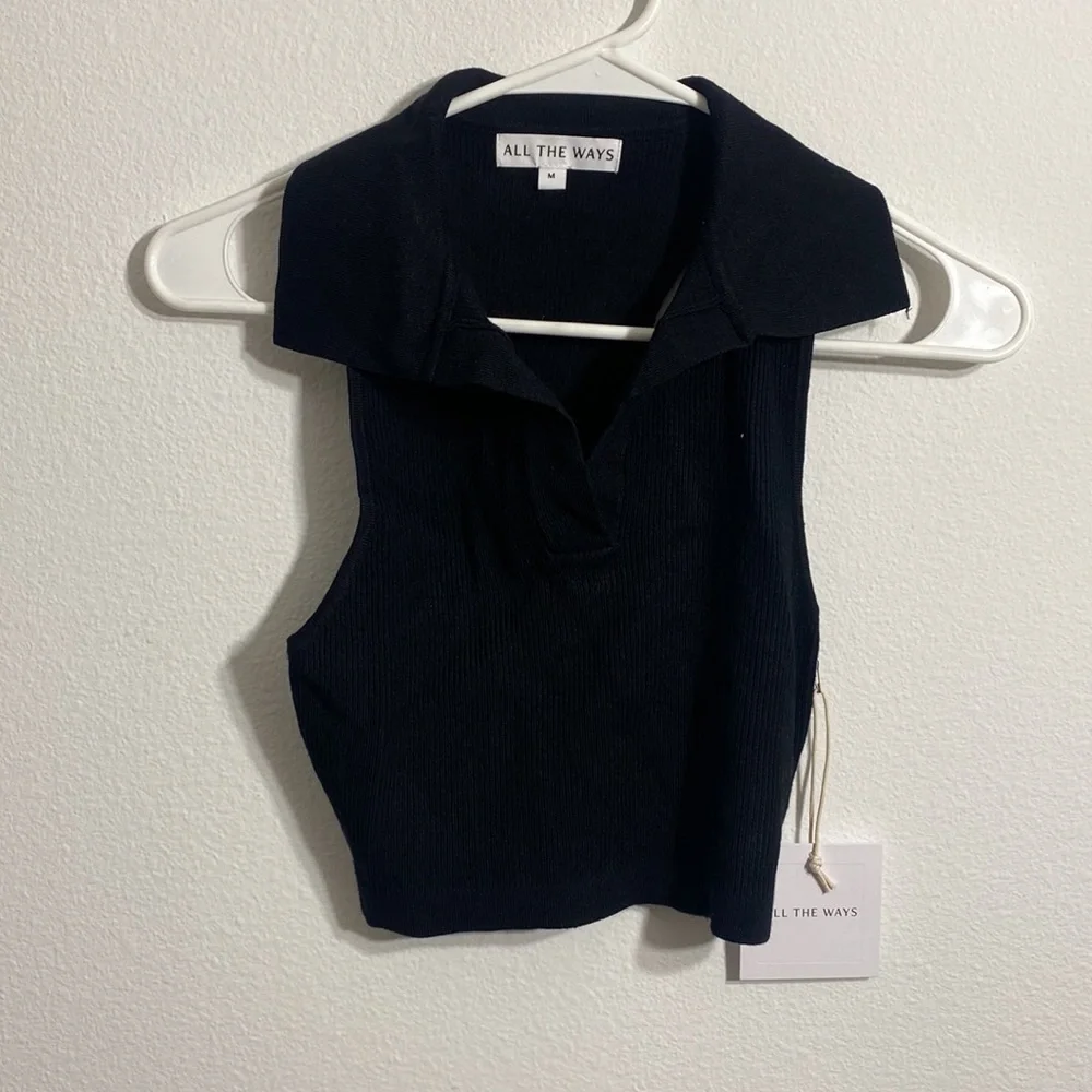 Revolve All the Ways Valerie Black Ribbed Knit polo top Sz M Stretch